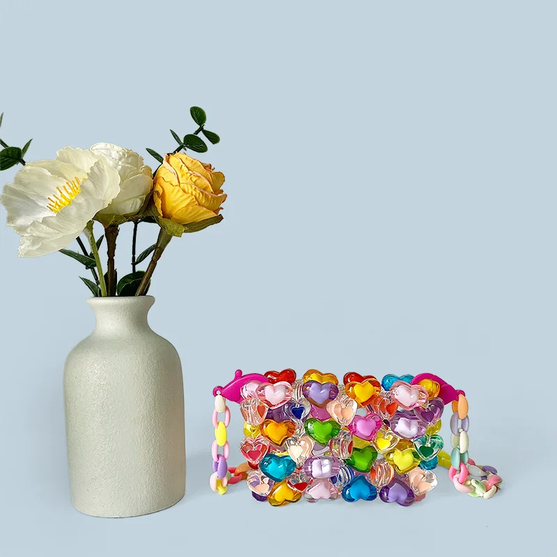 Nowa torebka Jelly Rainbow Love Bead Bag Ręcznie tkana torebka damska Dopamina Torebka krzyżowa w kształcie serca Mini — zdjęcie 3