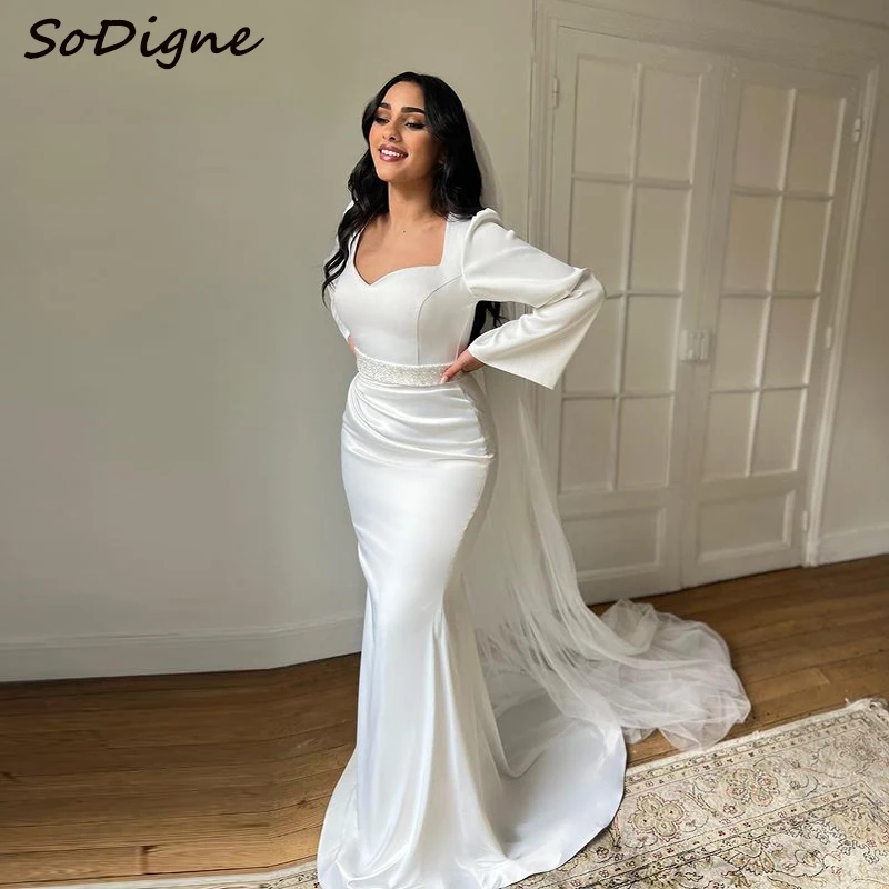 

SoDigne Mermaid Satin Wedding Dresses Full Sleeves Sweetheart Elegant Bridal Dress Wedding Gown Bow Robe De Mairee ﻿Customized