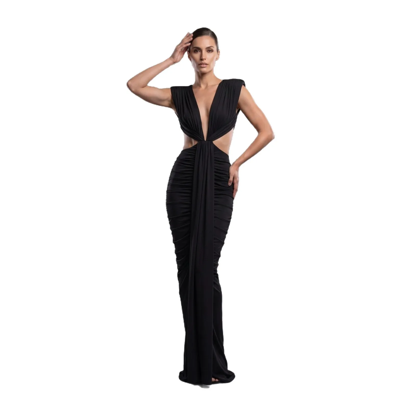 Sexy Black Deep V Neck Hollow Out Folds Maxi Dress Sleeveless Draped Dresses Bodycon Evening Dress Formal Party Club Outfit