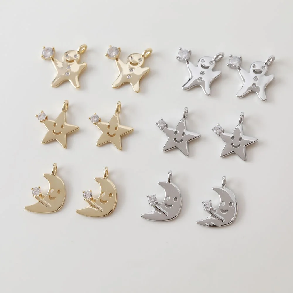 4PCS 14K Gold Plated Star Moon Gingerbread Man Pendant DIY Jewelry Making Supplies Material Accessories