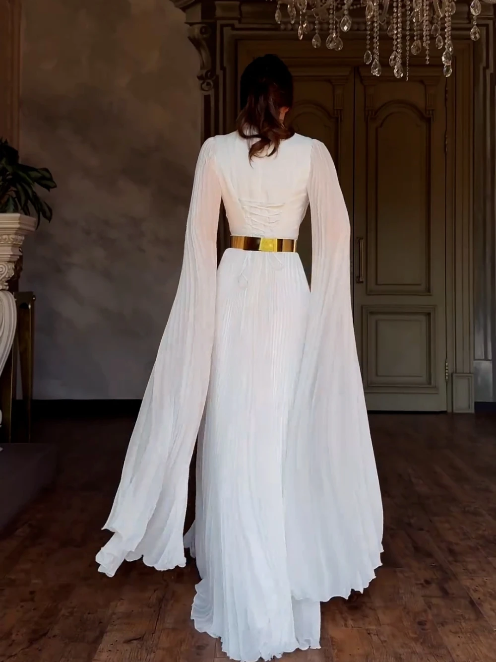 Abaya Cap Sleeves Pleated Evening Dress Kaftan Lace Up Back Banquet Women Prom Gown With Golden Belt Elegant A Line Party Wear