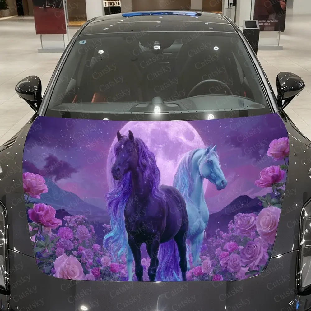 

Purple & Blue Horses Under Dark Purple Moon Car Vinyl Wrap, PVC Material Waterproof Car Hood Sticker, Self-Adhesive Scratch-Resi