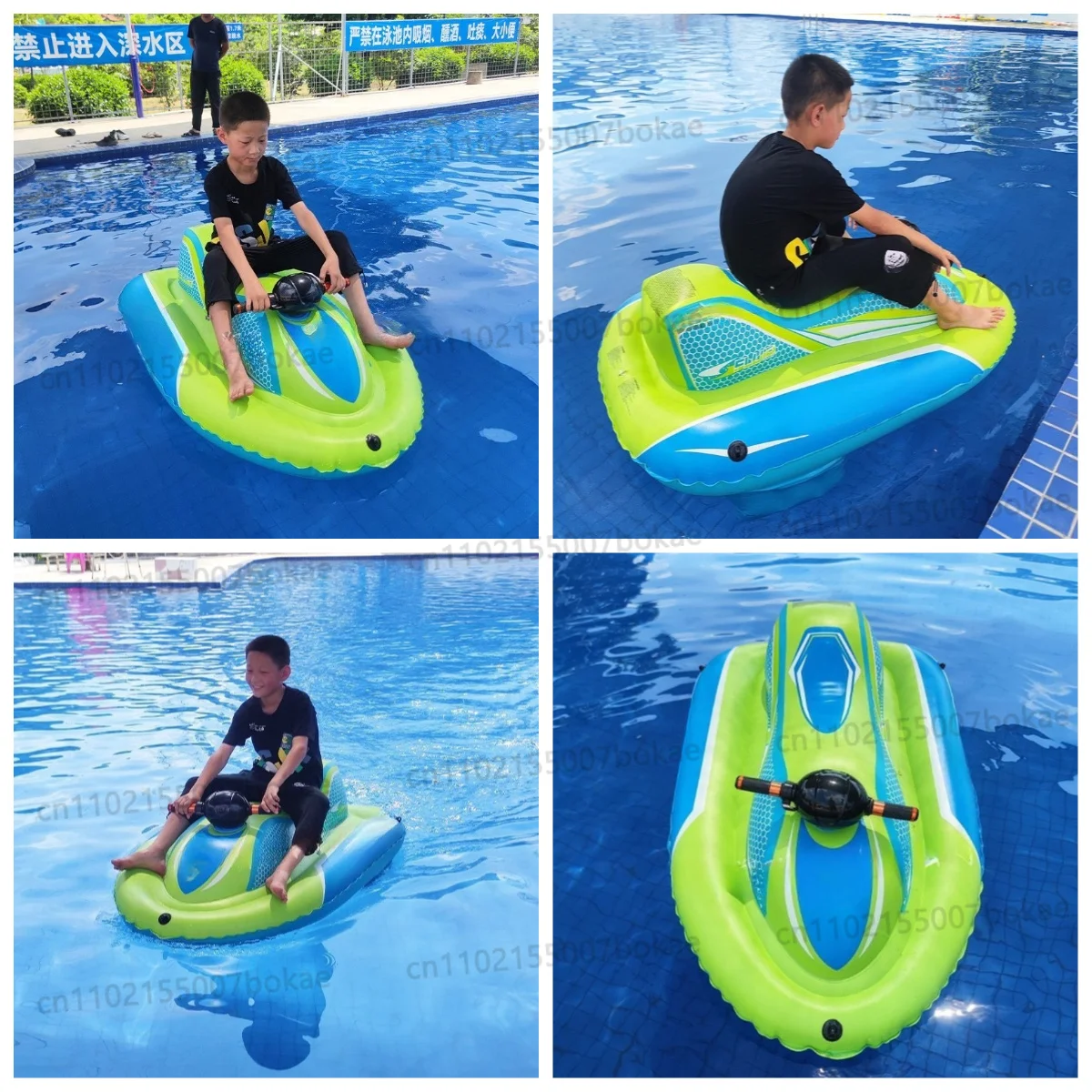 An inflatable electric motorboat with a propeller on the water surface