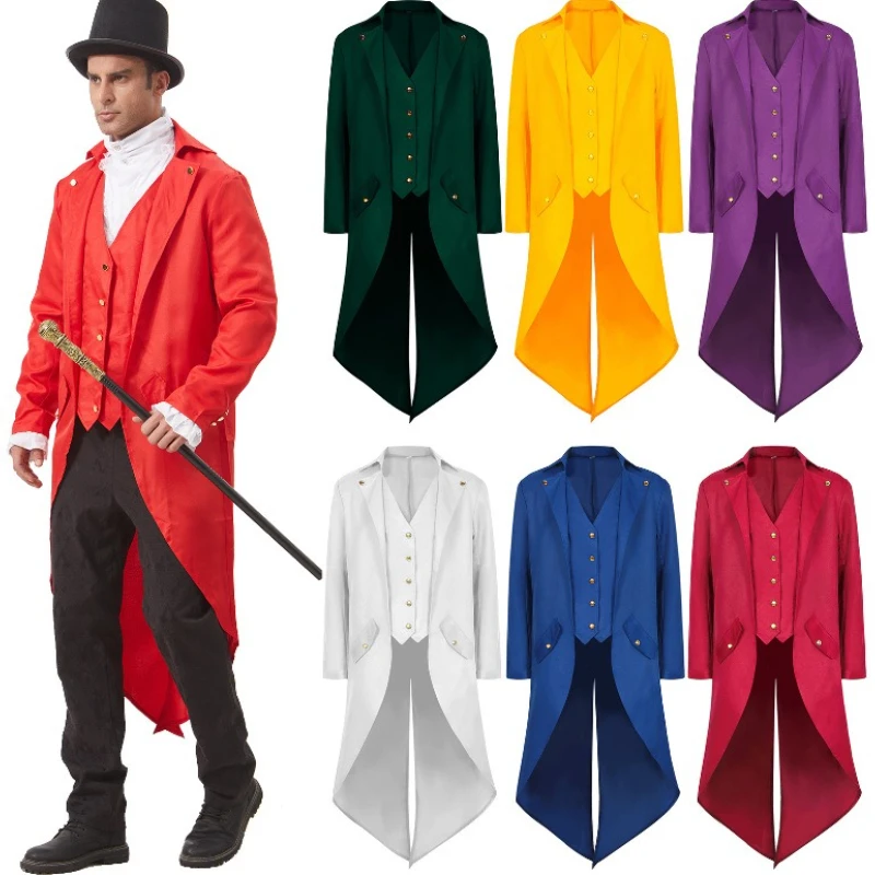 2025 New Red/Purple Medieval Retro Tuxedo for Men,Halloween Medium Length Multi Color Male Role Playing Performance Dress Jacket