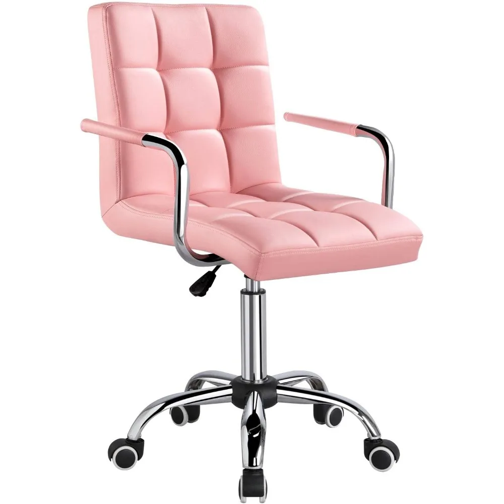 Modern PU leather office chair, with wheels/armrests, height adjustable, suitable for home and office use, with wheels, pink.