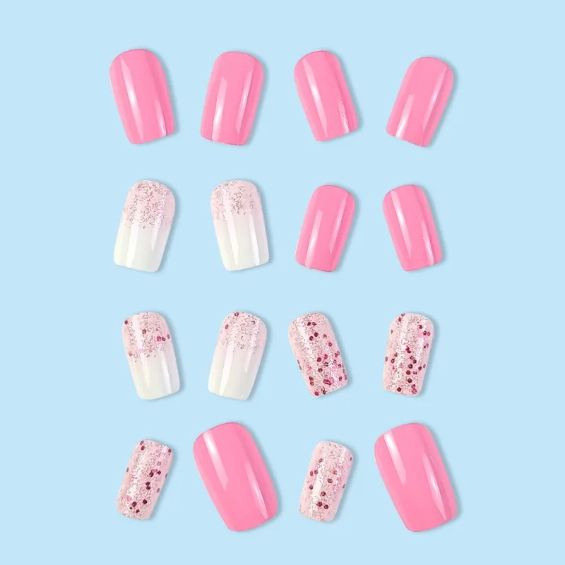 24 pçs de comprimento médio curto colado unhas falsas com cola quadrado auto-adesivo imprensa em unhas para meninas rosa lantejoulas stick-on unhas conjunto