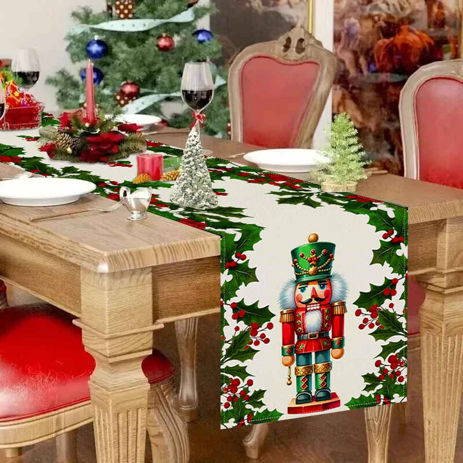 Christmas Linen Table Runner with Nutcracker Print, Cross-Border Holiday Table Decoration, Tablecloth Mat, Tea Runner