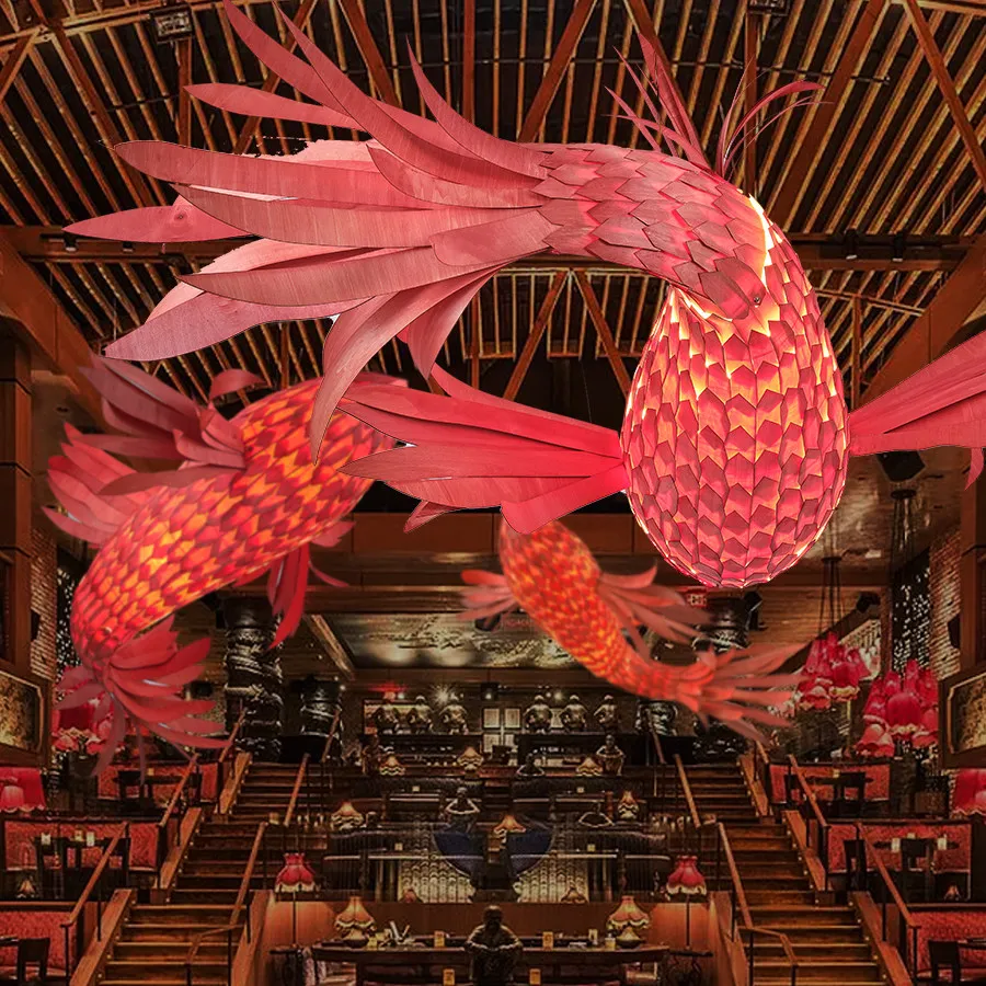 Red fish chandelier New Chinese restaurant Hot pot restaurant Hotel modeling lamp Homestay Creative hotel Dining wood art lamp