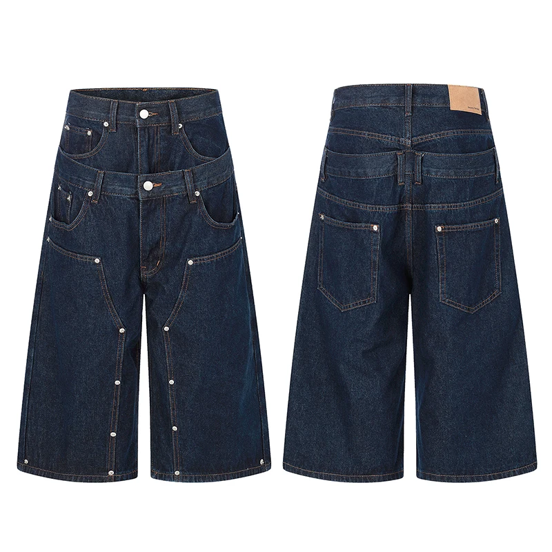 

Men Streetwear Hip Hop Double Waist Rivet Loose Casual Cargo Denim Baggy Jeans Pants Women Boyfriend Jeans Trousers