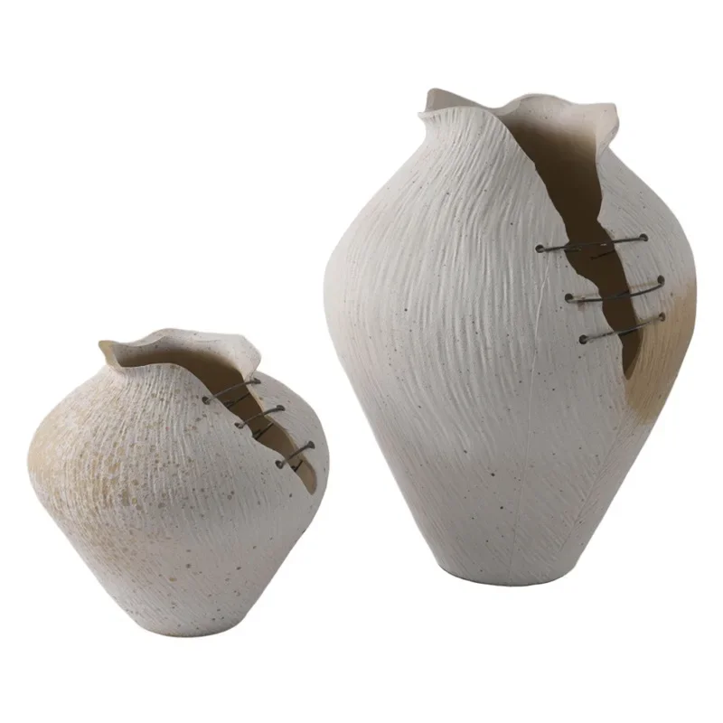 wabi sandy wind retro old pottery pot new Chinese ceramic vase model room hotel living room flower dryer tabletop ornament