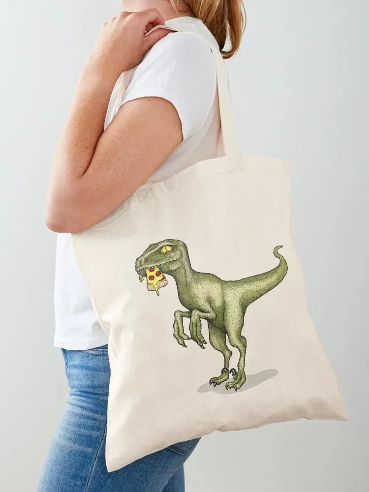 Raptor dinosaur eating pizza slice Tote Bag Shopper handbag tote bag men's Tote Bag