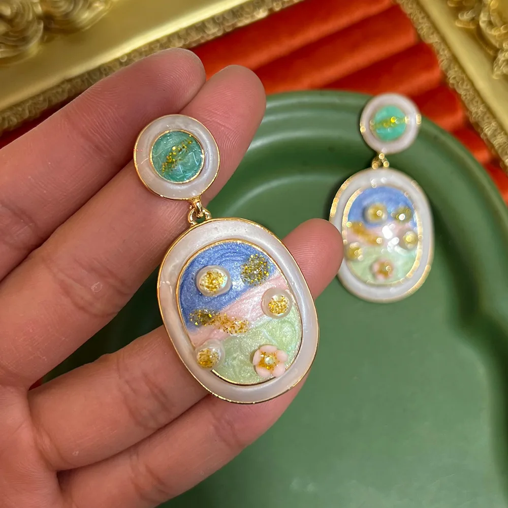 أقراط ريترو مونيه جاردن باللونين الأزرق والأخضر، أقراط مطلية باللؤلؤ الباروكي القديم، متعددة الاستخدامات ورائعة