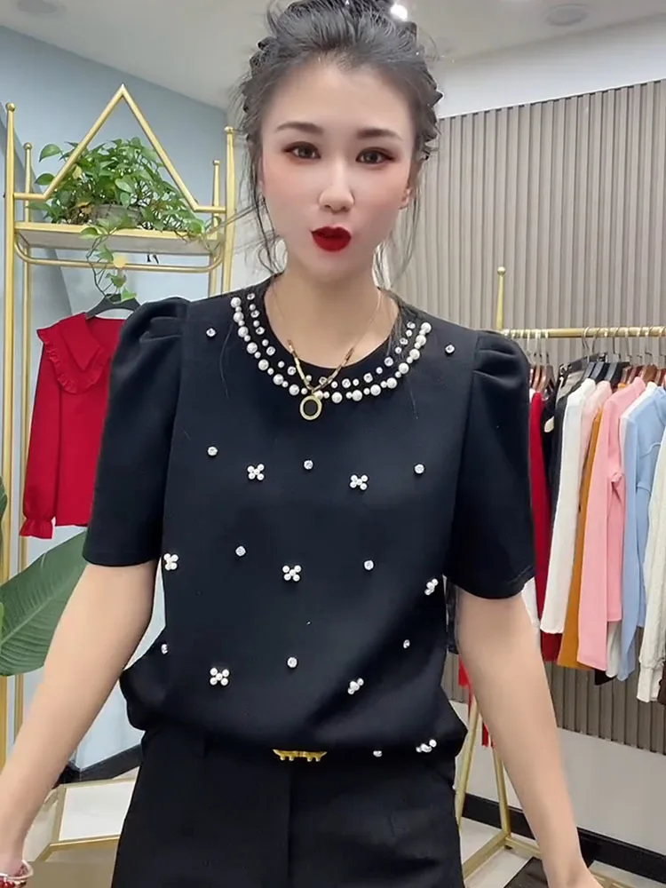 Peals Diamonds Beading Cotton T-shirt Women 2024 Summer Korean Fashion O-Neck Solid Color Puff Short Sleeve Slim Tees Tops White