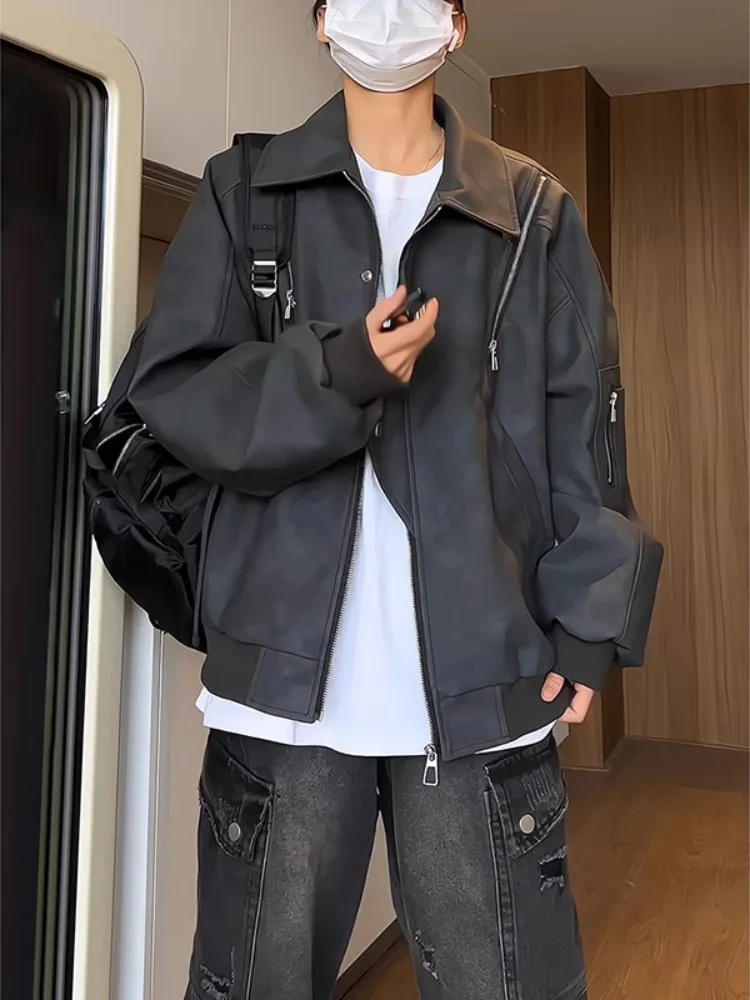 

Мужская кожаная куртка в американском ретро-стиле с молнией, для мотоциклистов, пилотов, рабочая одежда, бейсбольный стиль, осенняя модная верхняя одежда