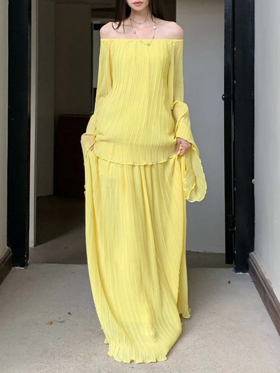 TWOTWINSTYLE Loose Casual Two Piece Sets for Women Slash Neck Long Sleeve T Shirt High Waist Skirt Basics Set Female Fashion New