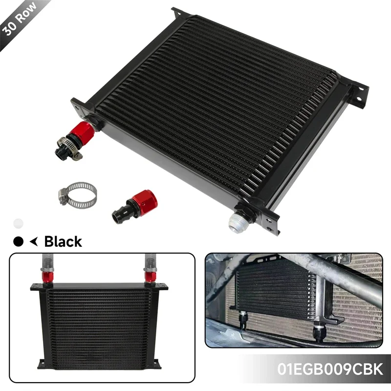 

Aluminum AN10 Black 25/28/30 Row Oil Cooler 248MM 7/8"-14 UNF Universal Engine Transmission MOCAL Style w/ 0° Fittings Kit