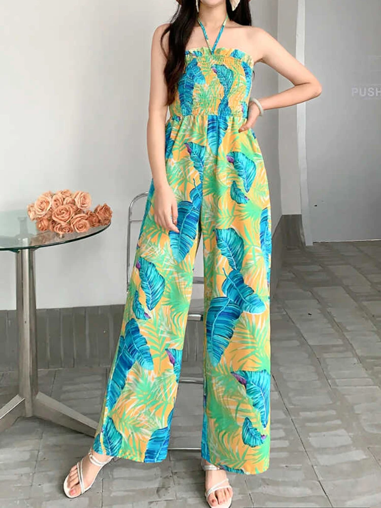 2024 New Summer Women Casual Holiday Beach Rompers Bohemian Leaf Print Jumpsuits Sleeveless Sexy Long Jumpsuit