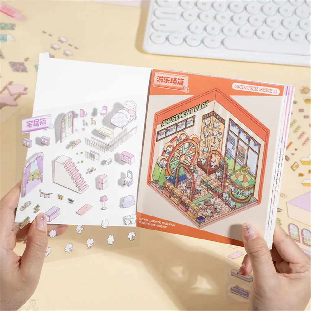 6 Pieces Miniature Shop Yard Scene DIY Sticker Book Visual 3D Sticker Stack Stickers Holiday Kids Birthday Gift