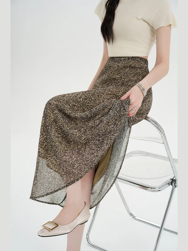 Summer 2026 New Women's A-Line Long Skirt with Elastic Waist Slimming Casual Drapey Mesh Leopard Print Half-length Skirt