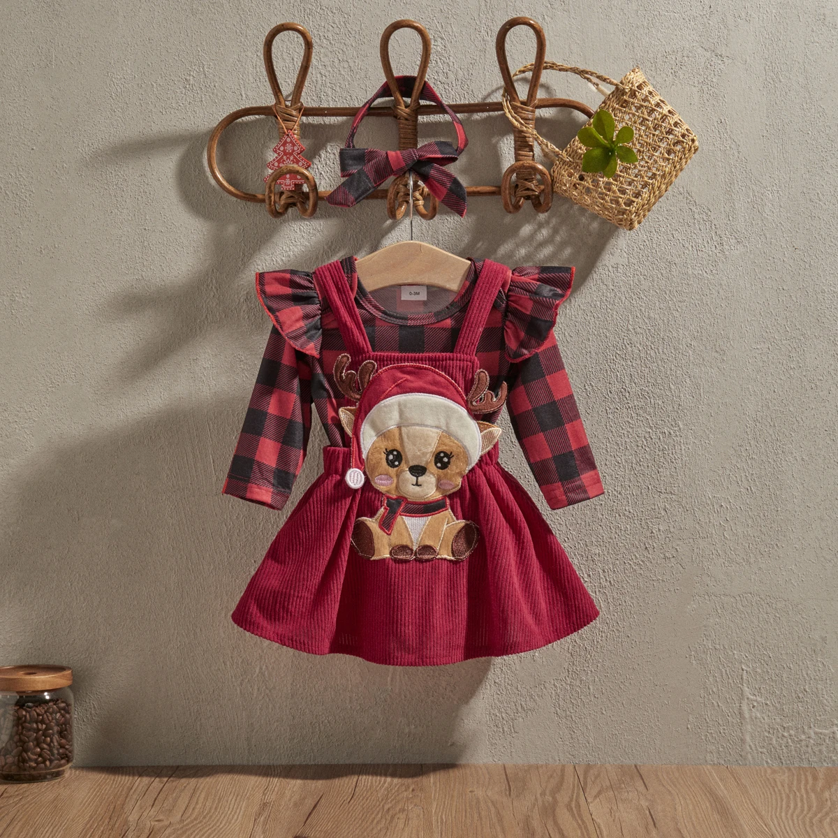 EWODOS Baby Girl Christmas Outfit Red Plaid Ruffle Long Sleeve Romper Reindeer Patch Suspender Skirt Tie Headband 3 Piece Set