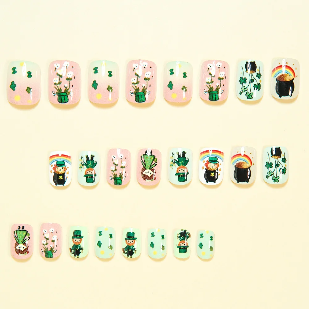 Short Square fake nails for women Nude green nail tips with cute flora human printing full cover press on false nail art set