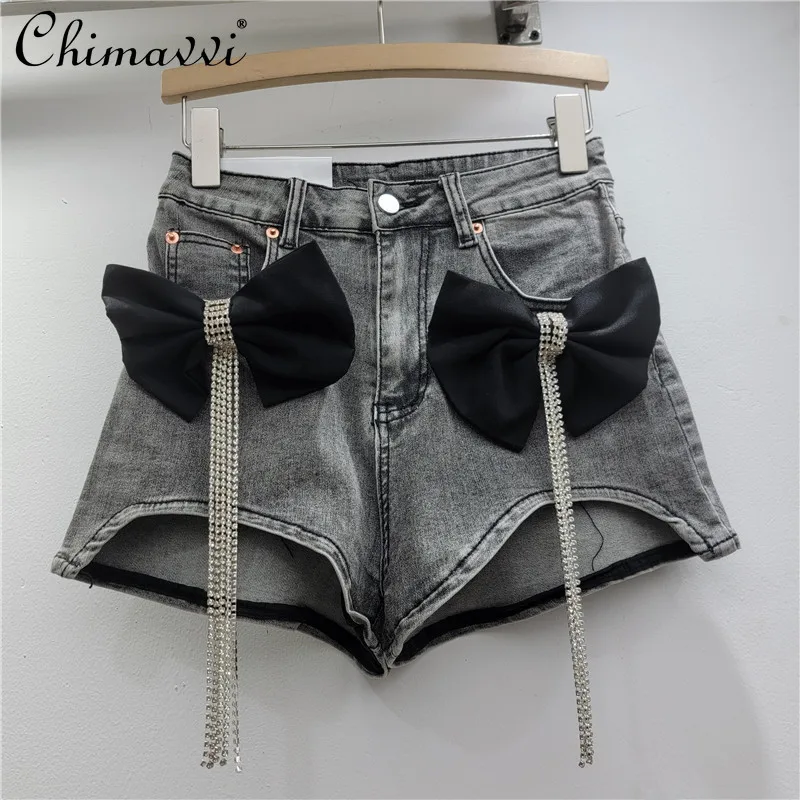 Fashion Denim Shorts Women's High Waist Three-dimensional Bow Diamond Tassel Hottie Sexy Super Shorts Hot Pants Summer New