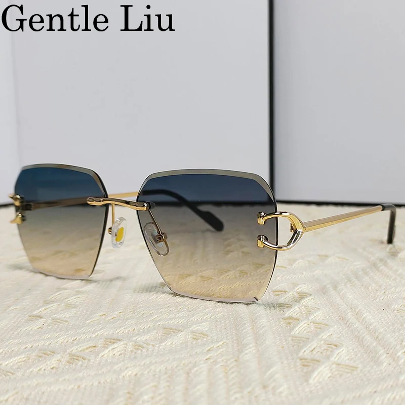 Oversized Square Rimless Sunglasses Women Men 2024 Luxury Brand Vintage Metal Frame Frameless Sun Glasses For Male Eyewear Shade