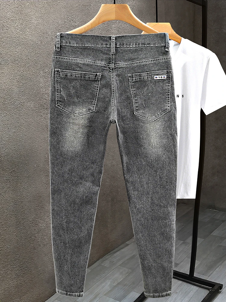 

Spring Autumn Men's Slim Fit Jeans Korean Style Trendy Grey Retro Nine Point Long Pants Youthful Wear Resistant Casual Fashion