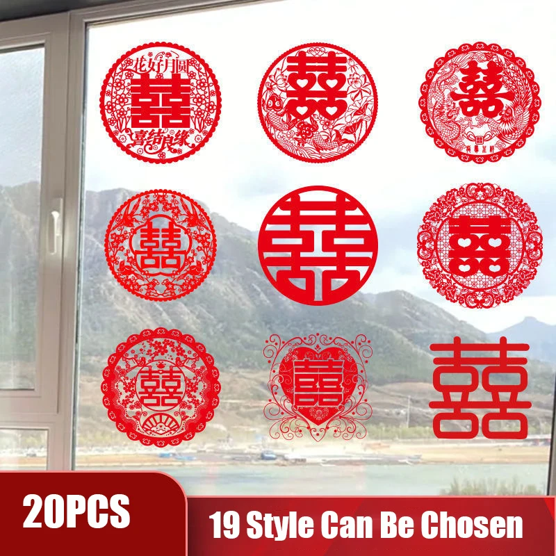 20pcs Chinese Traditional Wedding Decoration Red Hi Words Static Stickers, Double Happiness Wall Windows Door Car Stickers