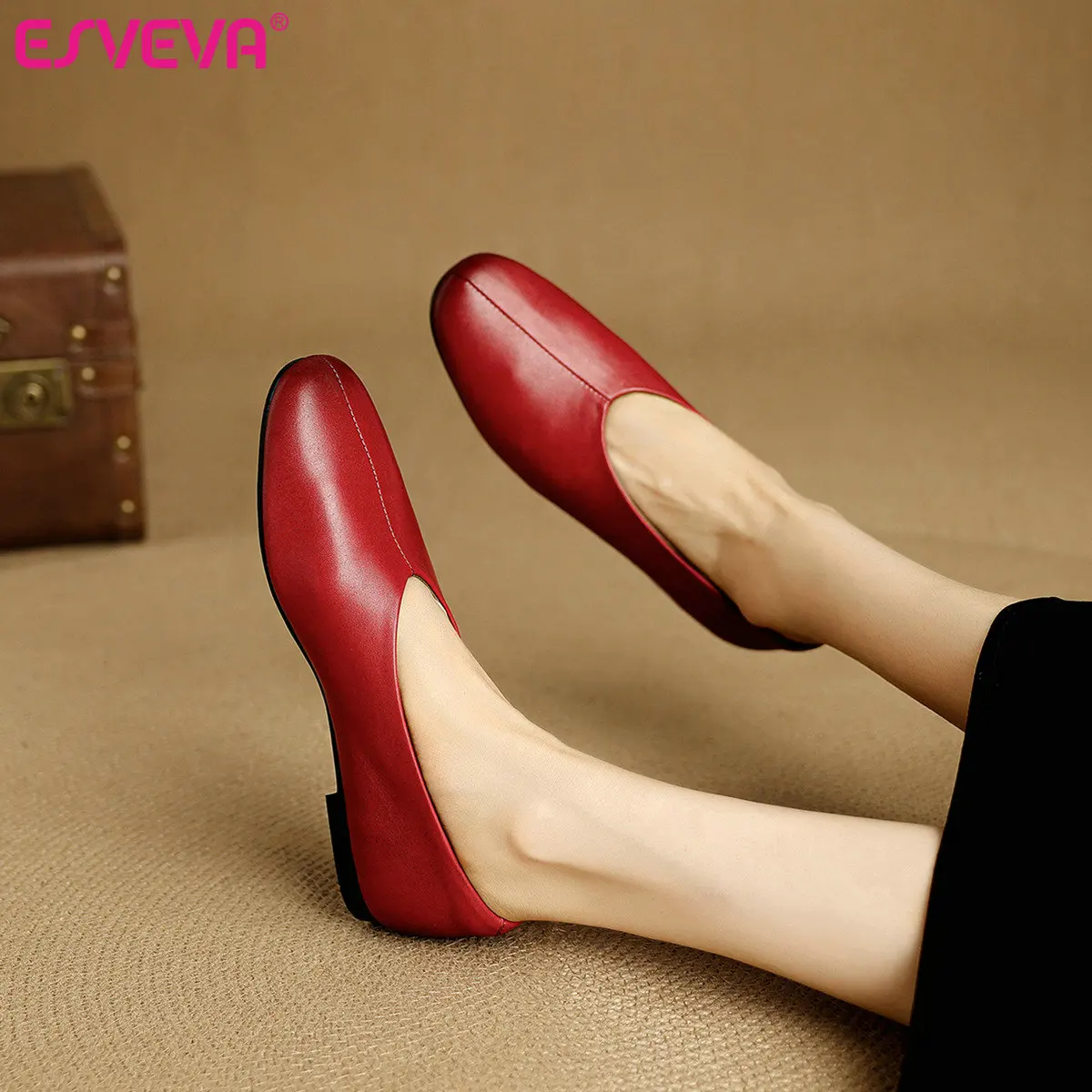 ESVEVA News Fashion Women Flats Shoes Woman Spring Ballet Genuine Cow Leather Casual Loafers Shoes Round Toe Ladies Dress 34-41