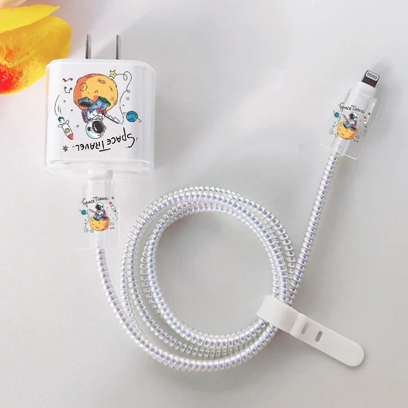 Astronaut & Rocket Data Cable Protector & Charger Head Cover Set for iPhone 18W/20W Charger Protector Line Cord Winding Wire