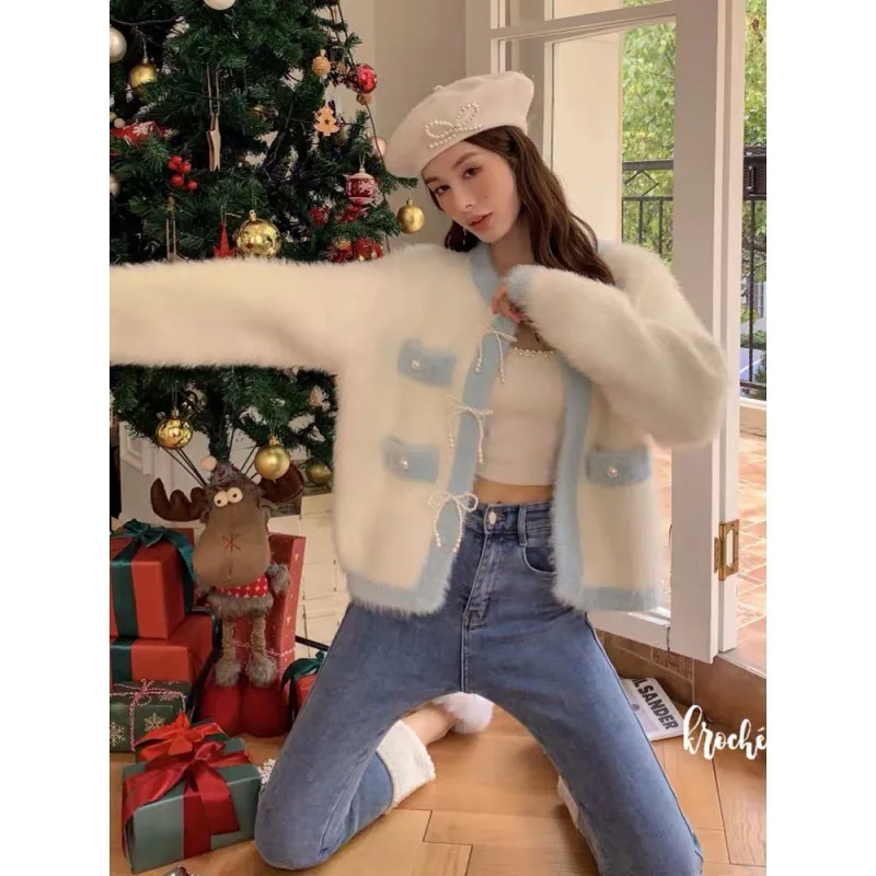 Celebrity Kroche Pearl Bow Mink Fur Cardigan New Style Temperament Round Neck Cream Sweater Jacket