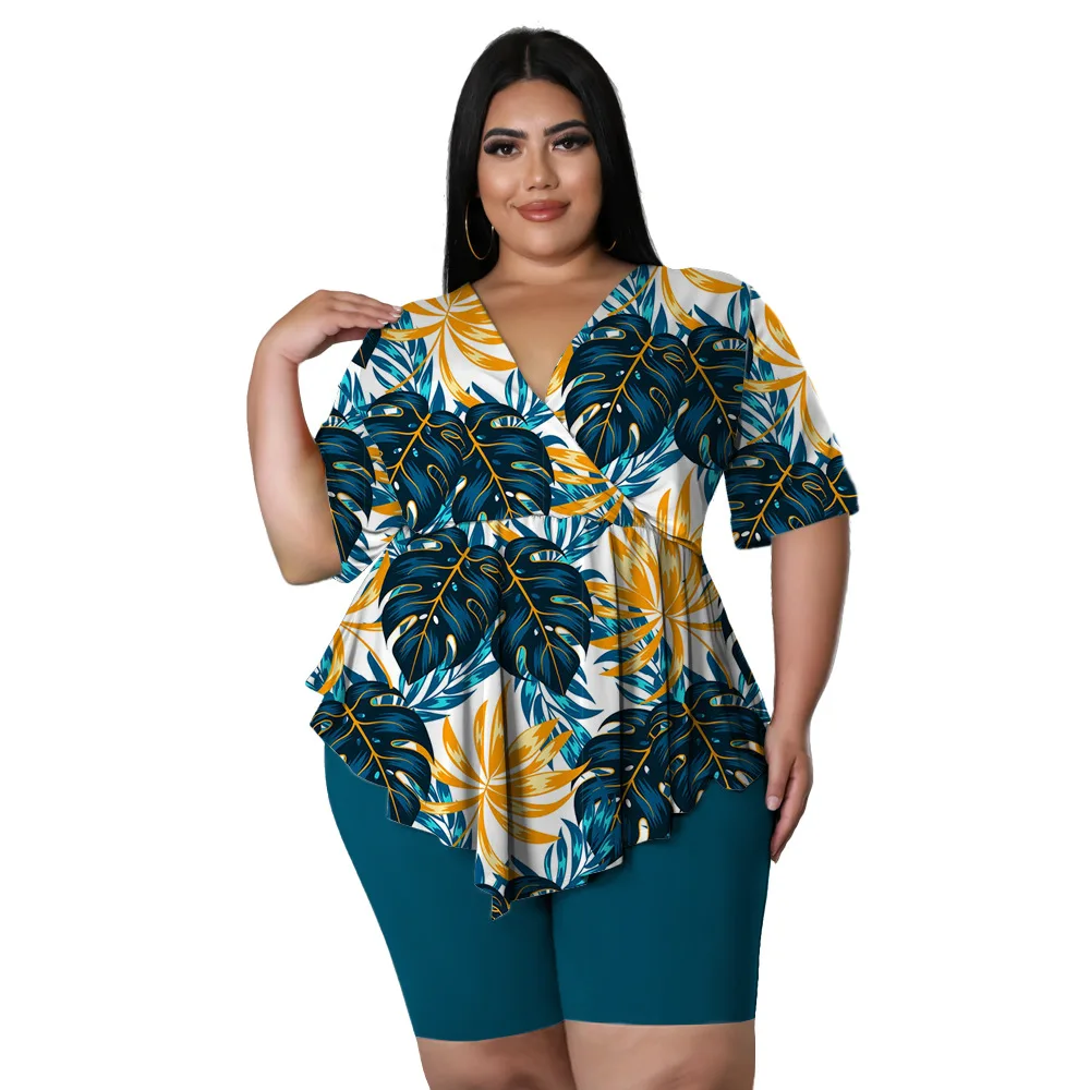 bohemia printed sexy outfits plus size women clothing v neck top short pant suits summer two piece set Wholesale Dropshipping