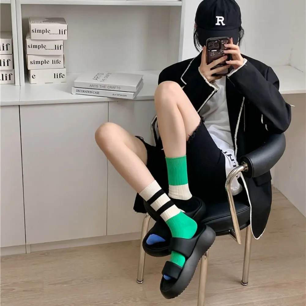 A Pair Fashion Warm Cotton Socks Soft Stripes Long Socks Asymmetrical Moisture Wicking Mid Tube Socks for Women