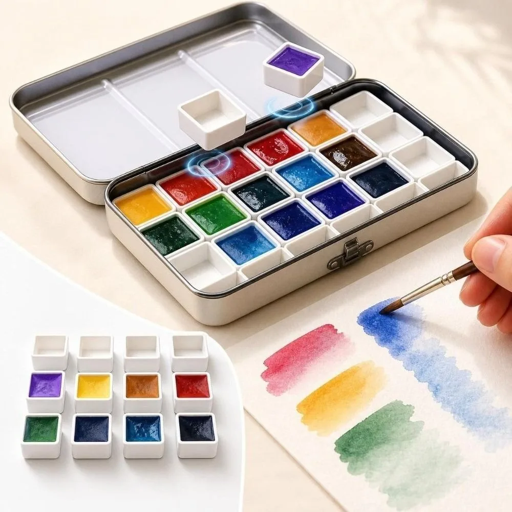 24 Pcs Empty Portable Magnetic Paint Pans Mini Creative Pan Palette Empty Half Pans Empty Watercolor Pans Student