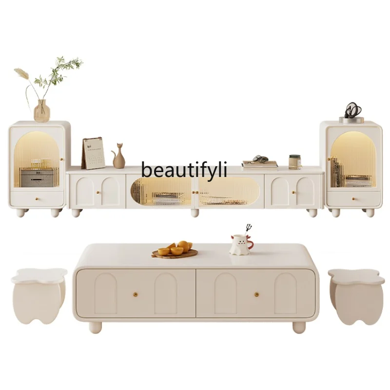 

Cream Style Coffee Table TV Cabinet Combination Modern Minimalist Side Cabinet Locker Living Room Furniture Designer