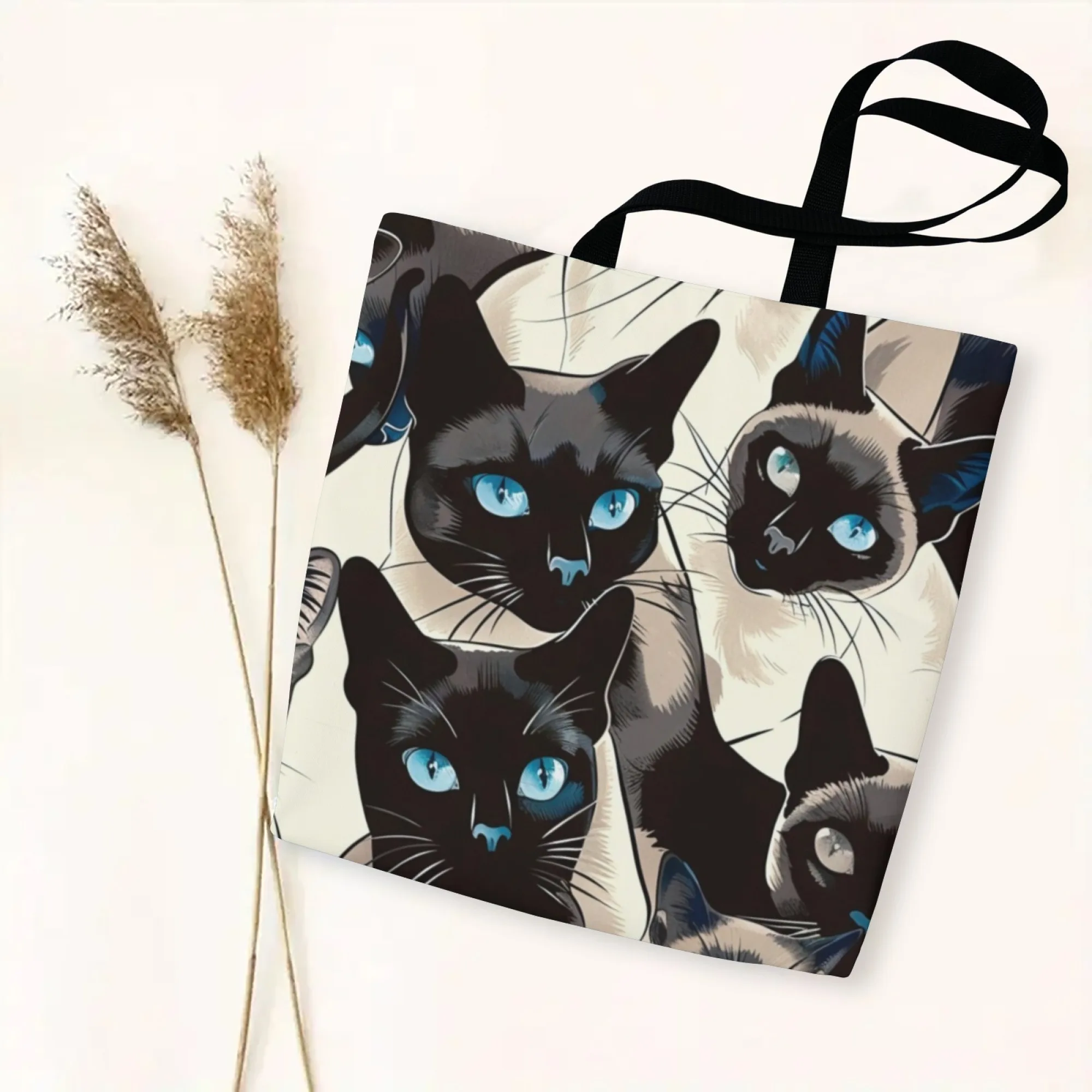 

Холщовая большая сумка с изображением бежевых сиамских кошек, художественная сумка на плечо с изображением кошачьей иллюстрации для женщин, многоразовая сумка для ежедневного использования