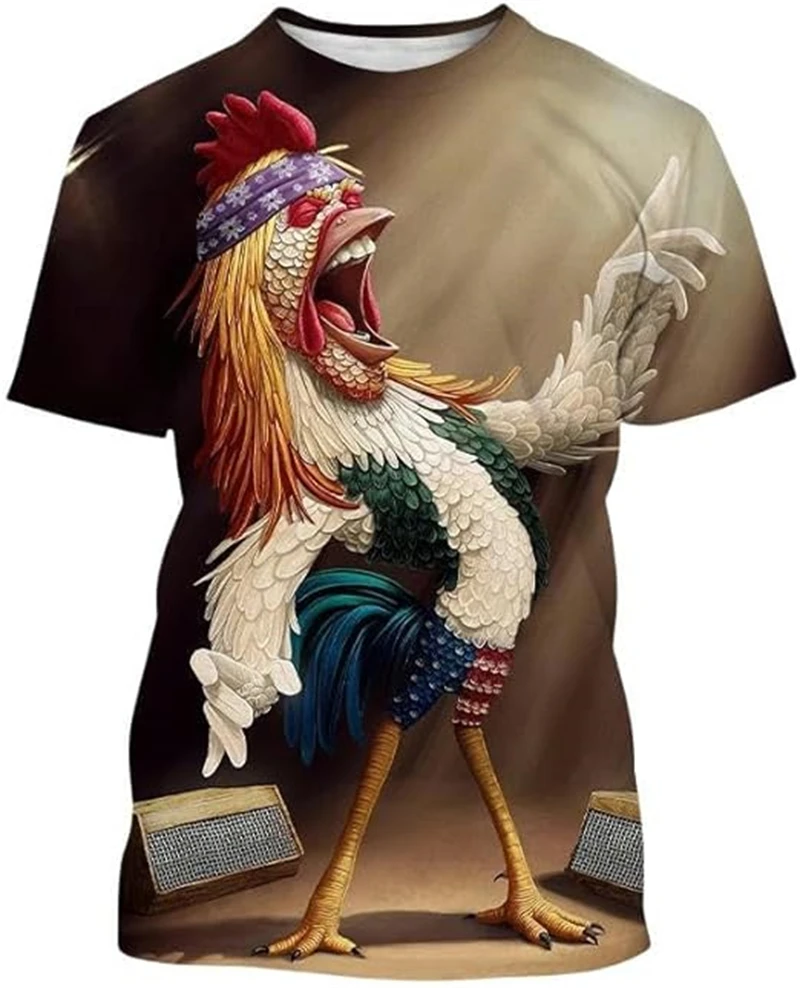 Fantazyjne męskie koszulki z krótkim rękawem z nadrukiem 3D z motywem koguta letnie śmieszne zwierzęce koszulki damskie z okrągłym dekoltem w stylu Harajuku — zdjęcie 3