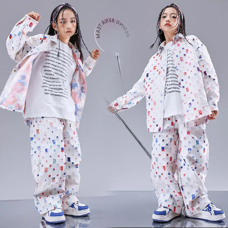 Kids Street Hip Hop Clothing White Oversize Ripped Shirt Tops Casual Streetwear Pants for Girl Boy Jazz Dance Costume Clothes