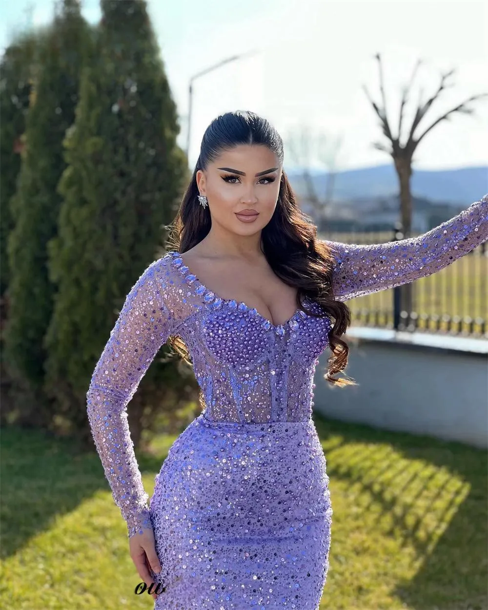 Amanda Purple Sequins Long Sleeve Prom Dress Elegant Shiny Mermaid Vestidos De Fiesta Fishtail فساتين سهرة