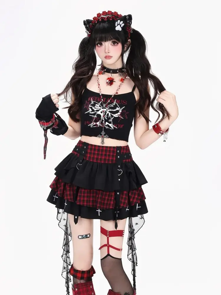Y2K Punk Gothic Kawaii 3PCS Set Women Skull Print Cross Detail Off Shoulder Mesh Crop Top Plaid Ruffled Mini Skirt Lace Trim - view 4