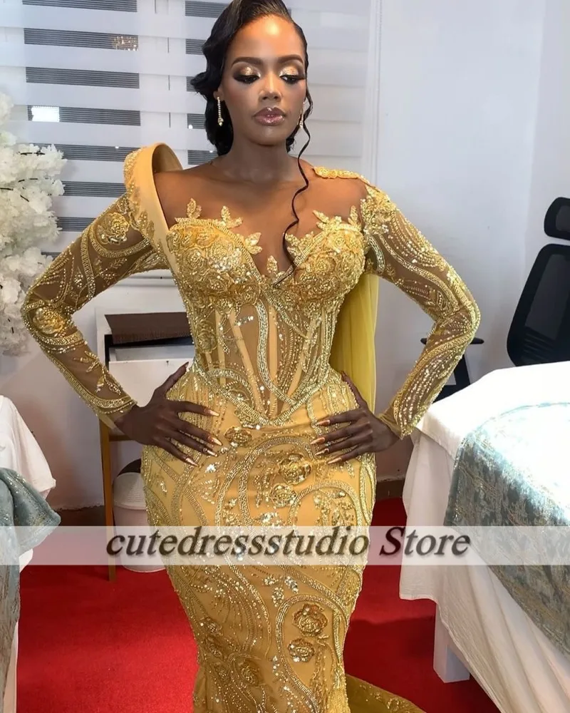 Abendkleider Luxus 2024 Elegant Gold Evening Dresses Long Sleeves Sequin Beading African Mermaid Wedding Party DressCustomized