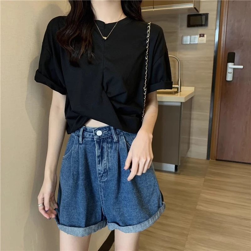 Plus Size Women Crop T‑Shirt Up To 150KG Irregular Cross Front Design Retro Loose Summer Fashion Casual Short Sleeve Cropped Top