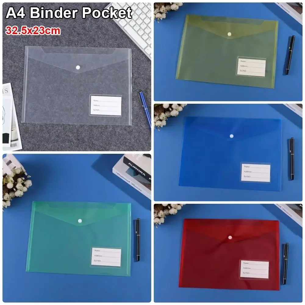 1Pcs with Label Pocket A4 Binder Pocket Clear Transparent Document Files Folders Plastic Snap Button Envelope Popper Wallets