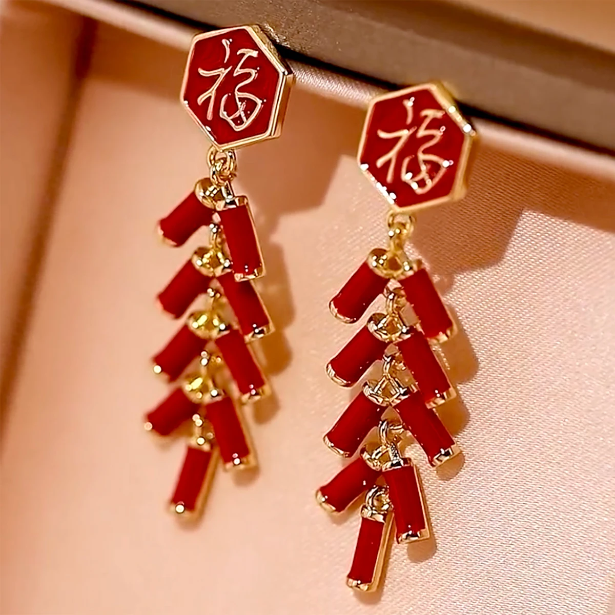 Drop Oil Chinese Firecrackers Earrings for Women Personality Creative Blessing Red Drop Earrings New Year Festive Jewelry Gift