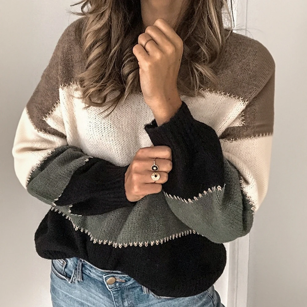 

Женский повседневный свитер в полоску с длинным рукавом и круглым вырезом контрастного цвета, осенне-зимний базовый топ