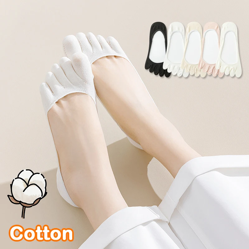 Women's Summer Cotton Low Cut Socks No Show Sock Women Thin Five Toe Boat Socks Solid Color Soft Split-toe Sock Ladies Invisible