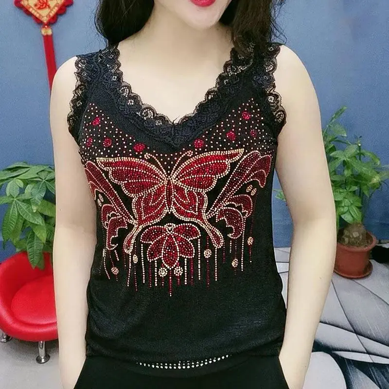 Rose Lace Rhinestone Cami - Summer New Plus Size Sleeveless Youth Women Tops Viral Versatile Women‘s Clothing