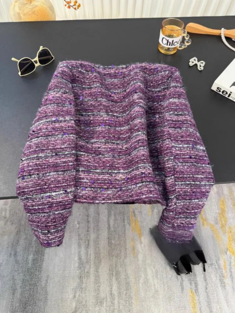 เสื้อแจ็คเก็ตผู้หญิงผ้าทวีดปักเลื่อมสีม่วง แฟชั่นเกาหลี คอทรงโอ เสื้อคลุมสำหรับงานปาร์ตี้ ลายทาง เสื้อโค้ทหนาสำหรับฤดูหนาว กระดุมแถวเดียว เสื้อคลุมตัวสั้น