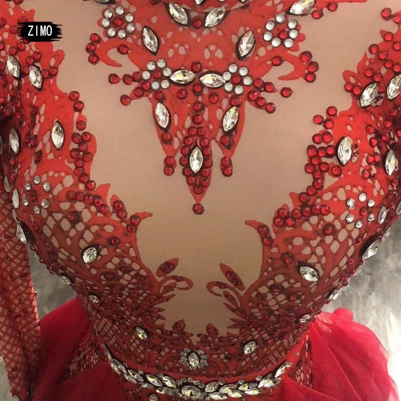 Strass vermelho babado bodysuit para mulheres, boate, baile, bar, traje de concerto, cantor de palco, show, dança, collant DS, moda, grande estiramento